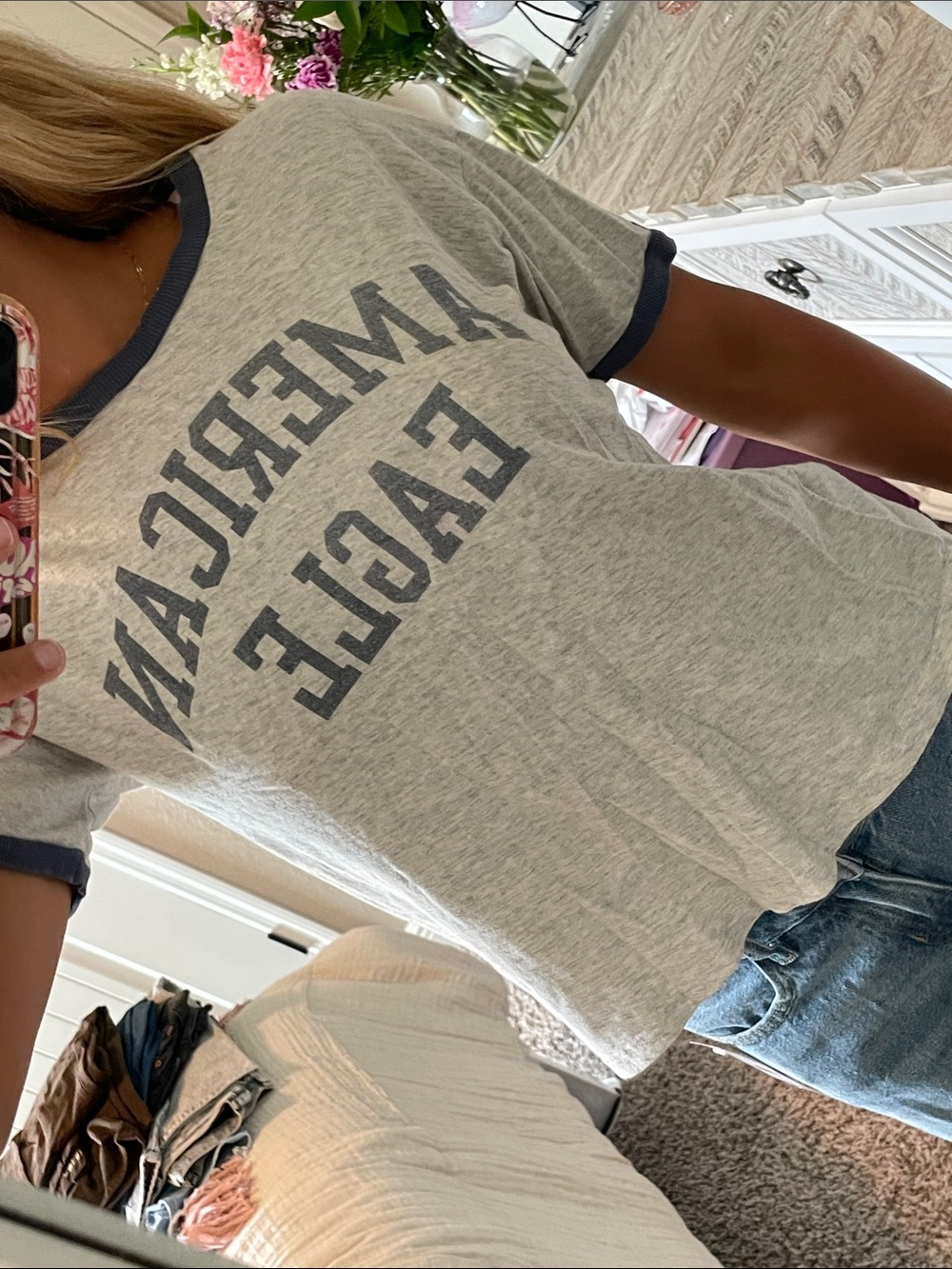American Eagle Outfitters Gray Ringer Tee with Navy Trim